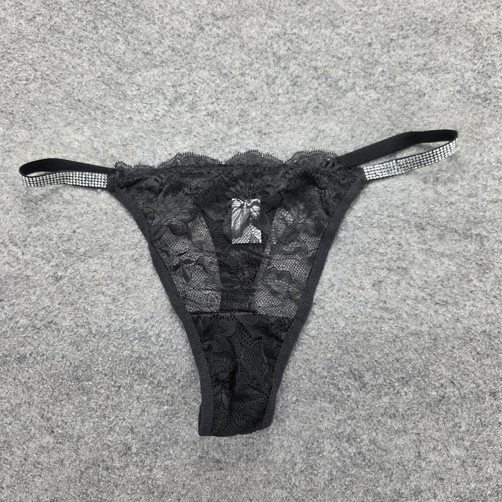 Knotty Knickers Panties Womens L Black Thong Lace Rhinestone Sheer Stretch Sexy